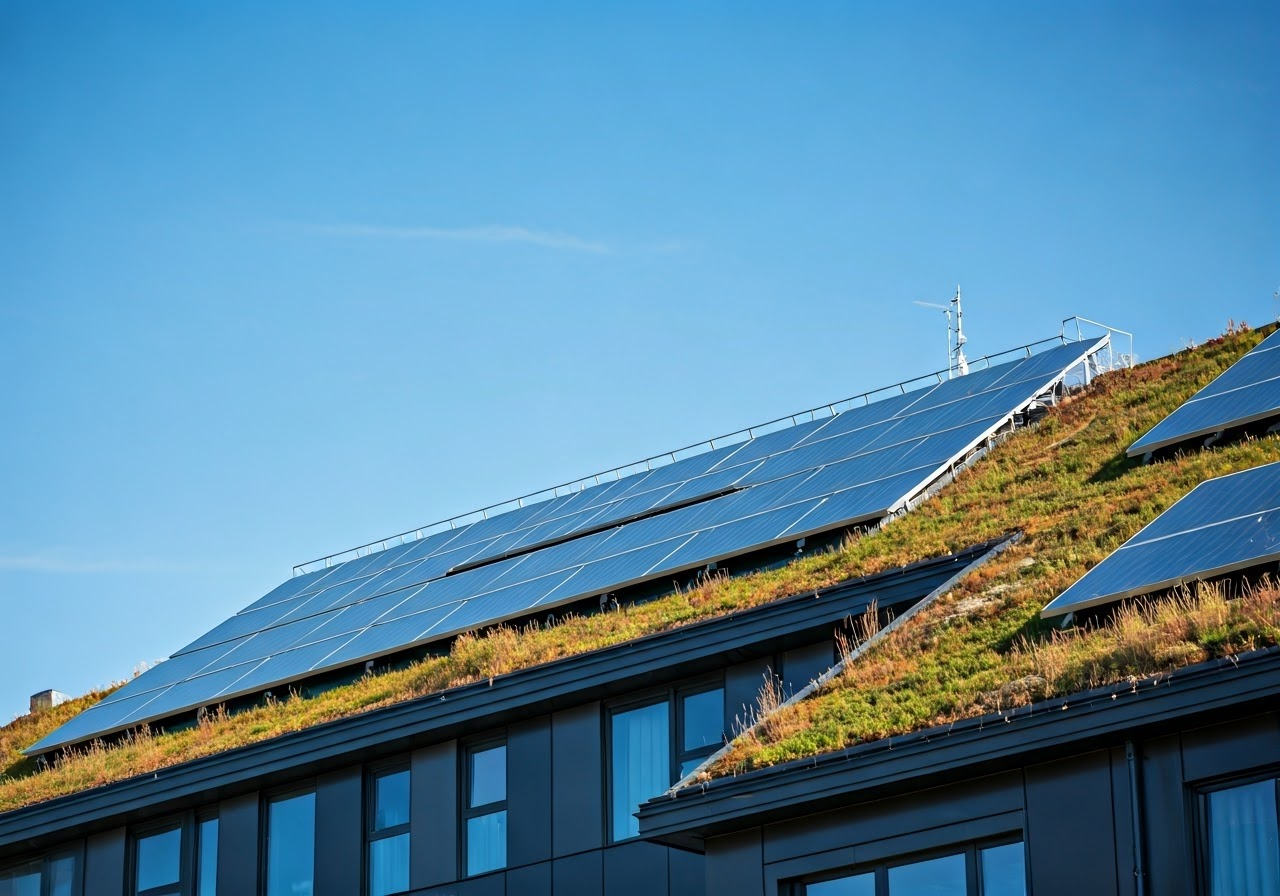 Commercial building with green roofing solution.