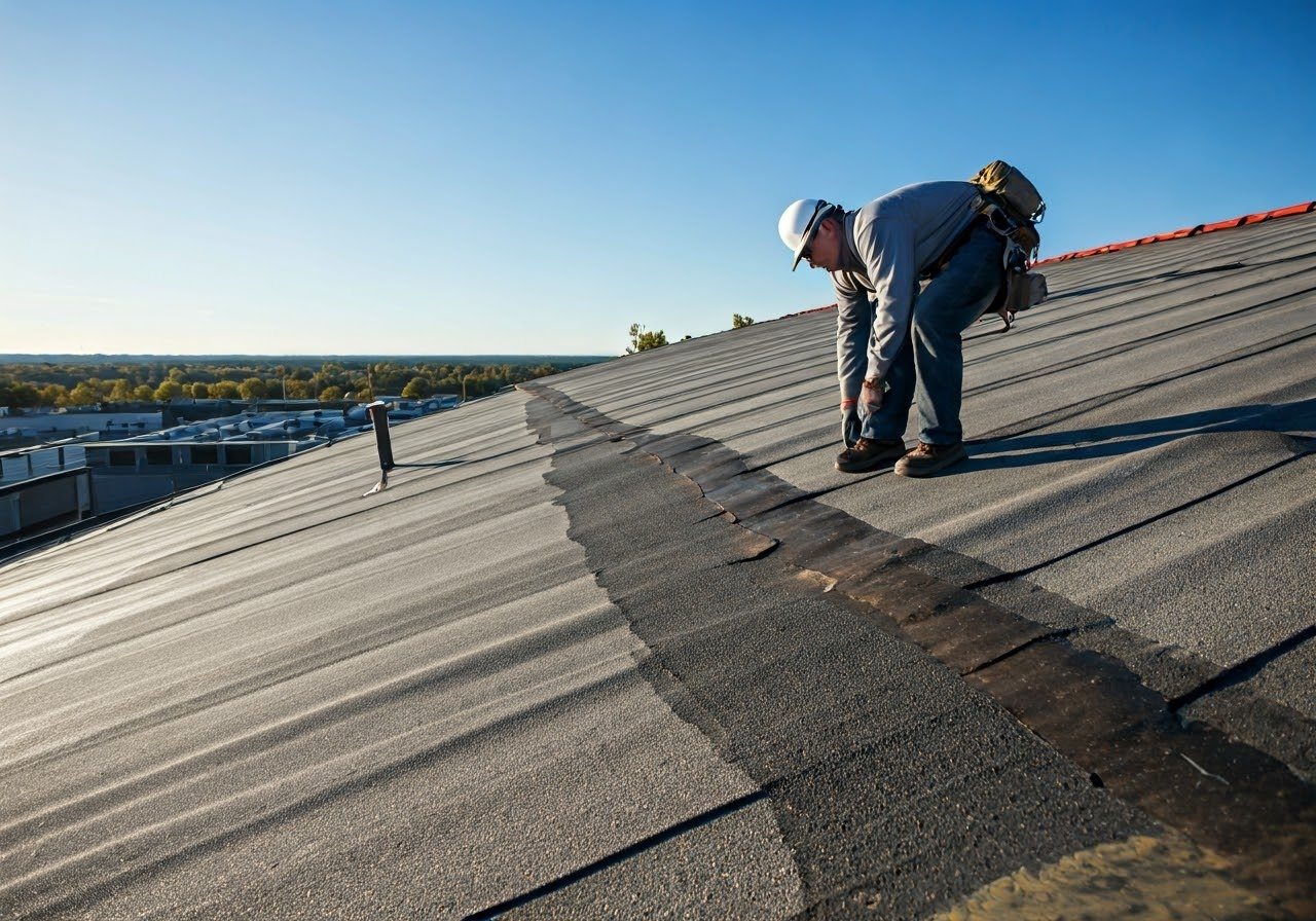 Technician inspecting commercial roof